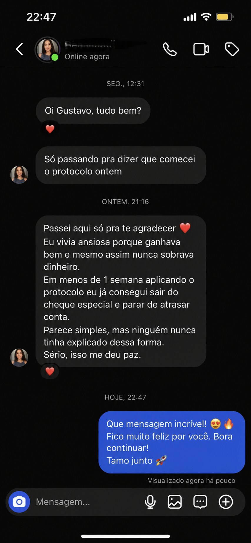 Depoimento de aluna — Instagram Direct